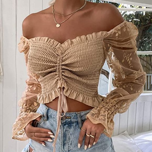 Tops - Beige Floral Sheer Sleeve Smocked Cropped Top